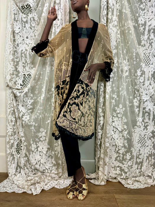Portia, 30s cream and black fine lace coat
