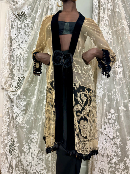 Portia, 30s cream and black fine lace coat