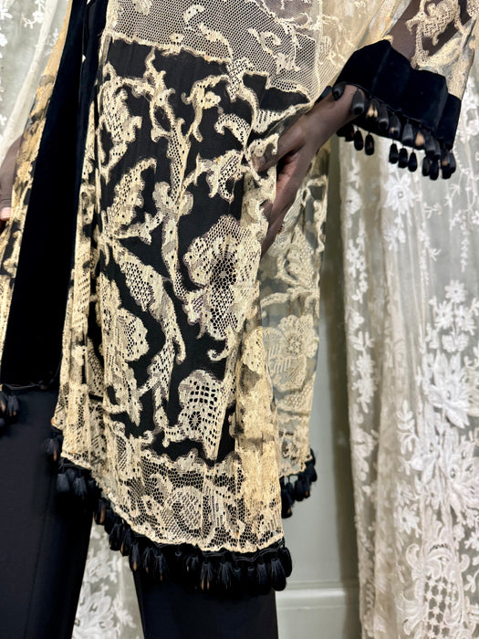 Portia, 30s cream and black fine lace coat