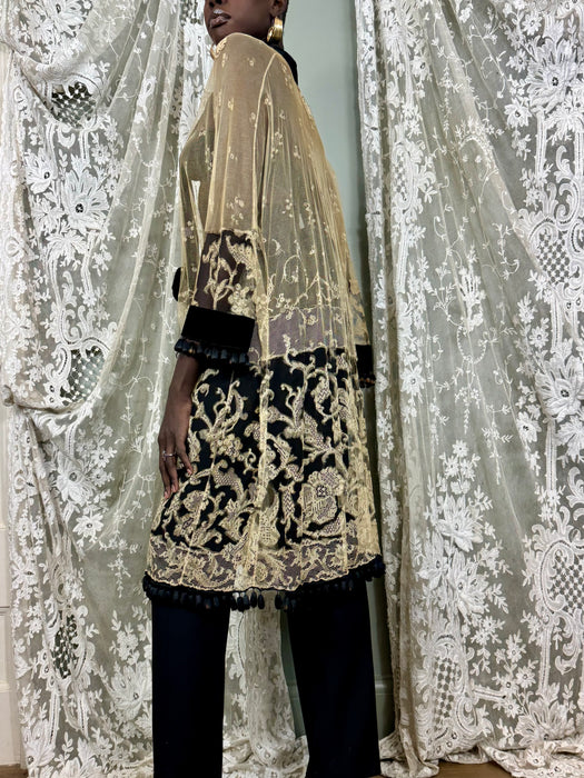 Portia, 30s cream and black fine lace coat