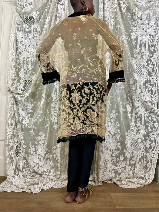 Portia, 30s cream and black fine lace coat