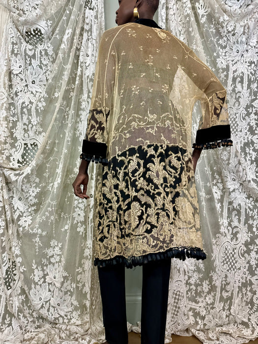 Portia, 30s cream and black fine lace coat