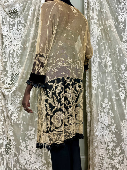 Portia, 30s cream and black fine lace coat