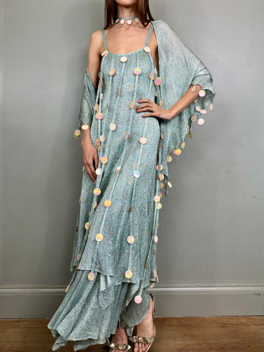 Adina, 70s blue knit ensemble with iridescent sequin fringing