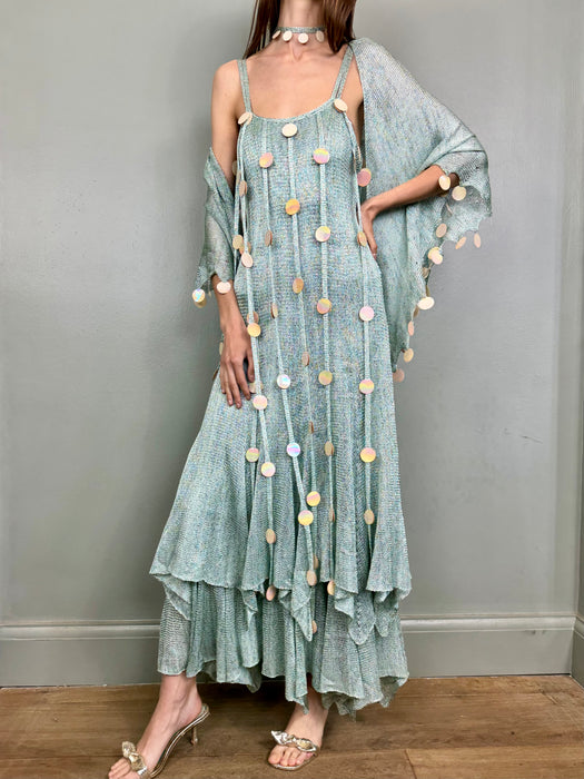 Adina, 70s blue knit ensemble with iridescent sequin fringing