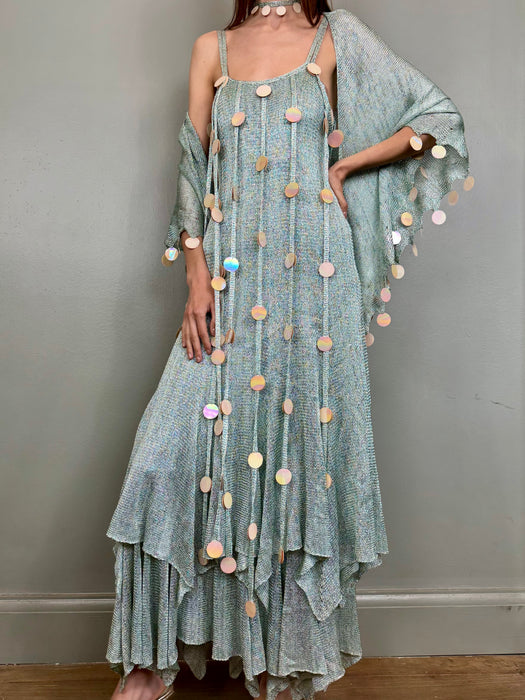 Adina, 70s blue knit ensemble with iridescent sequin fringing