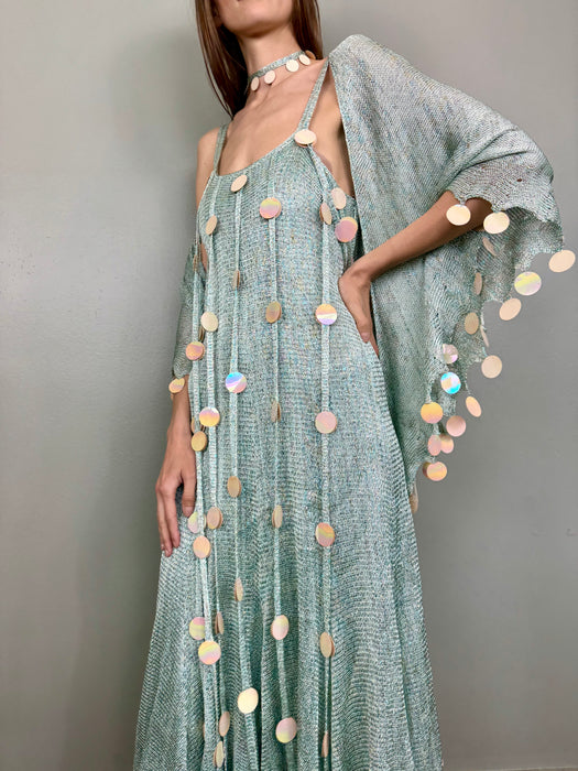 Adina, 70s blue knit ensemble with iridescent sequin fringing