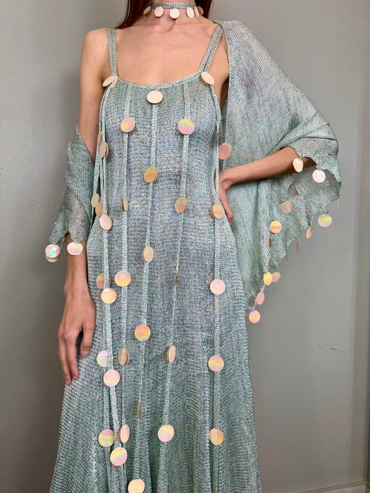 Adina, 70s blue knit ensemble with iridescent sequin fringing