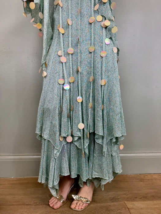 Adina, 70s blue knit ensemble with iridescent sequin fringing
