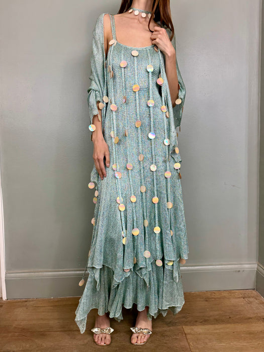Adina, 70s blue knit ensemble with iridescent sequin fringing