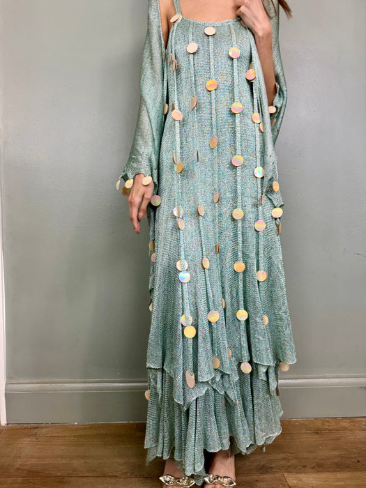 Adina, 70s blue knit ensemble with iridescent sequin fringing