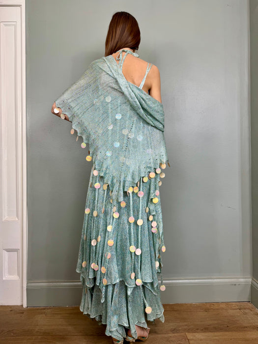 Adina, 70s blue knit ensemble with iridescent sequin fringing