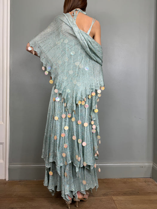 Adina, 70s blue knit ensemble with iridescent sequin fringing