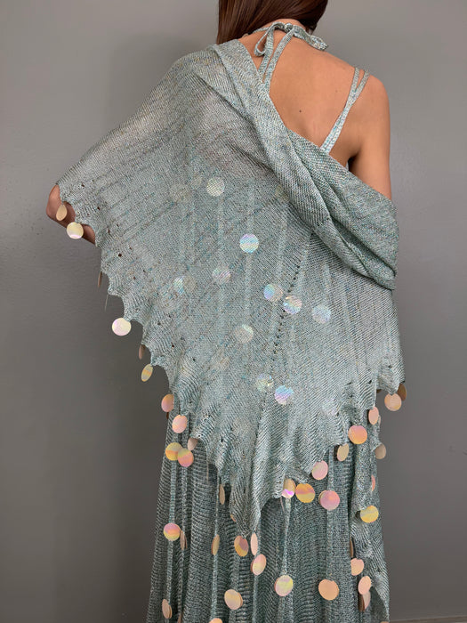Adina, 70s blue knit ensemble with iridescent sequin fringing