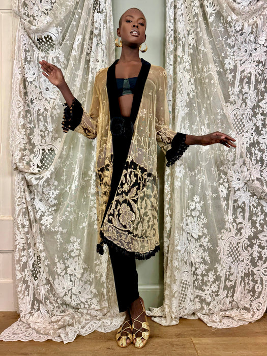 Portia, 30s cream and black fine lace coat