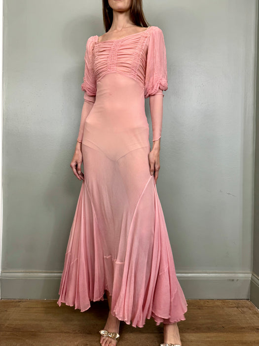 Cherry, 30s bias cut pink chiffon dress
