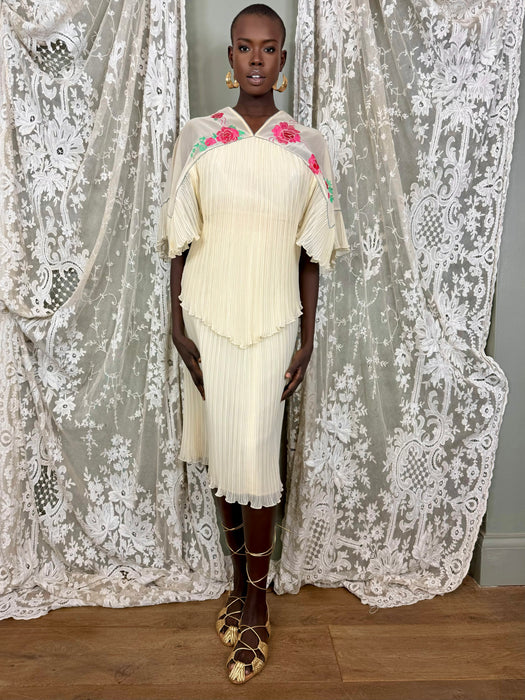 Janice Wainwright, 70s floral pleated blouse and skirt