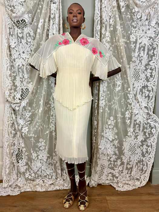 Janice Wainwright, 70s floral pleated blouse and skirt