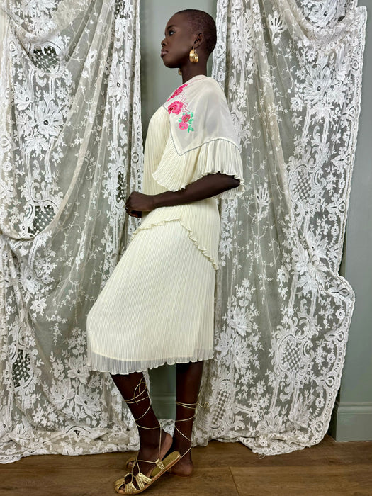 Janice Wainwright, 70s floral pleated blouse and skirt