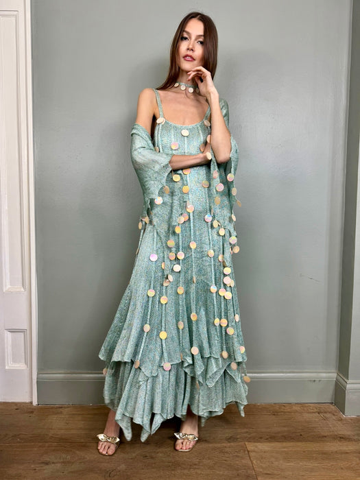 Adina, 70s blue knit ensemble with iridescent sequin fringing