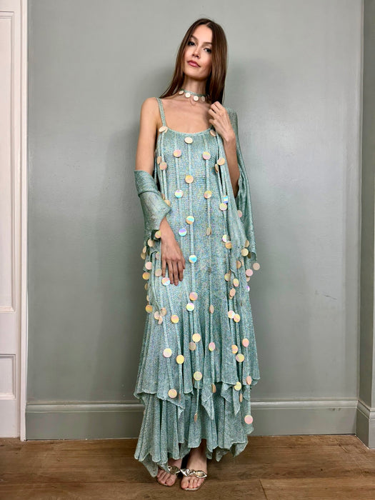 Adina, 70s blue knit ensemble with iridescent sequin fringing