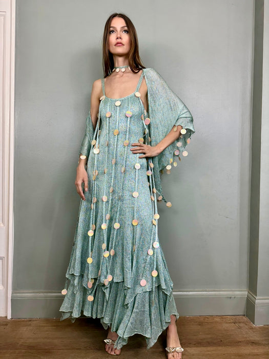Adina, 70s blue knit ensemble with iridescent sequin fringing