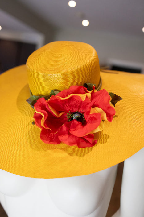 Christian Dior, 70s red poppy, yellow straw sun hat