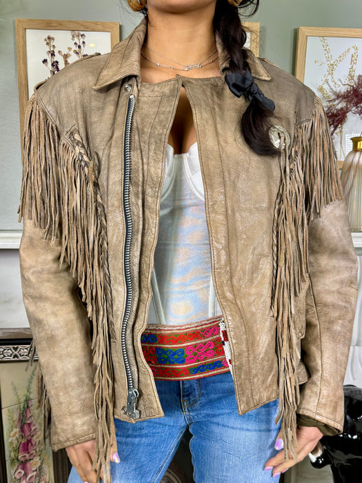 Bless the Holi, vintage fringed leather jacket hand painted