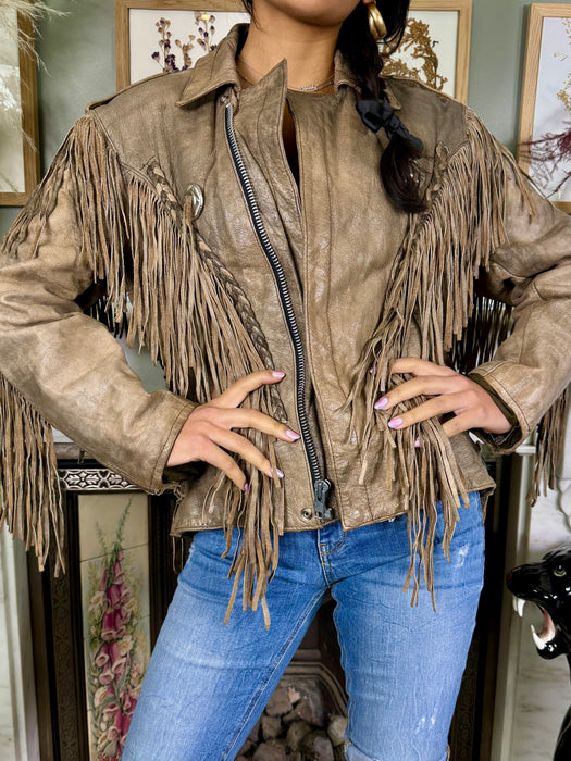 Bless the Holi, vintage fringed leather jacket hand painted