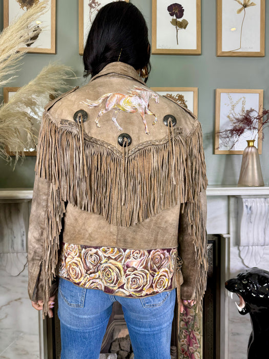 Bless the Holi, vintage fringed leather jacket hand painted