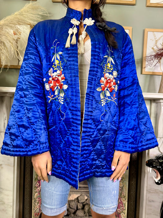 Helly, cobalt blue quilted silk floral jacket