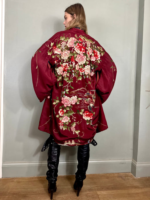 Sakura, 40s Burgundy silk embroidered kimono