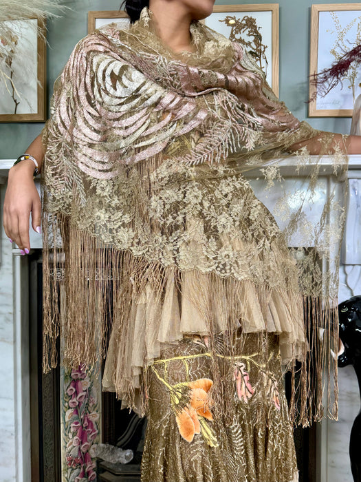 Destra, metallic floral lace and rhinestone fringed shawl
