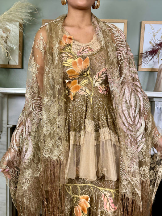 Destra, metallic floral lace and rhinestone fringed shawl