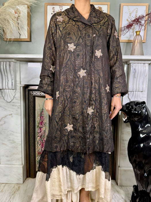 Cleo, 30s floral lamé coat with beaded stars