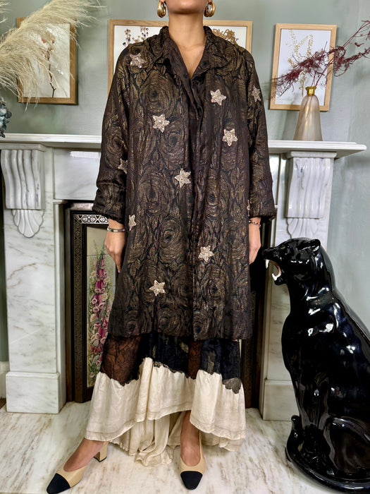 Cleo, 30s floral lamé coat with beaded stars