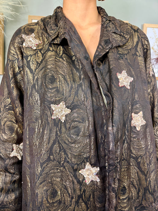Cleo, 30s floral lamé coat with beaded stars