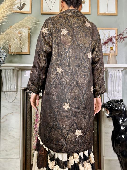 Cleo, 30s floral lamé coat with beaded stars