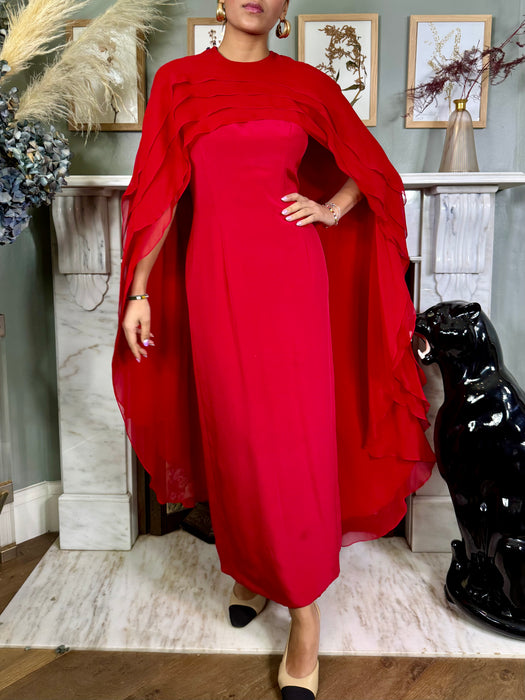 Carolina Herrera, red silk dress with chiffon cape