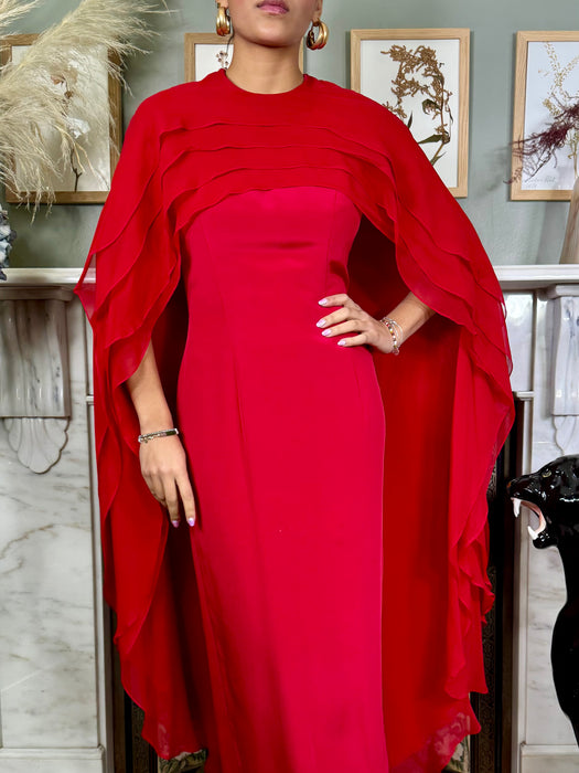 Carolina Herrera, red silk dress with chiffon cape