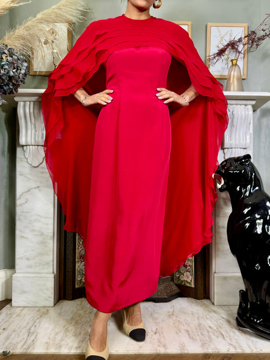 Carolina Herrera, red silk dress with chiffon cape