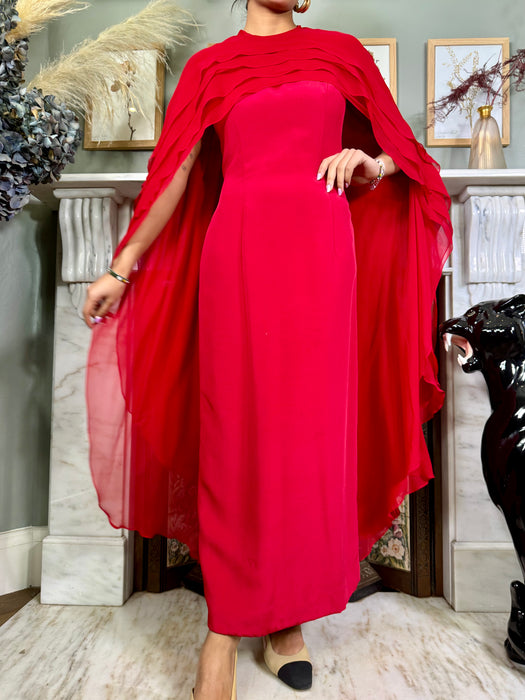 Carolina Herrera, red silk dress with chiffon cape