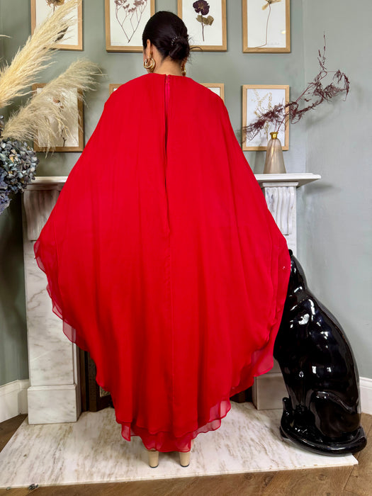 Carolina Herrera, red silk dress with chiffon cape