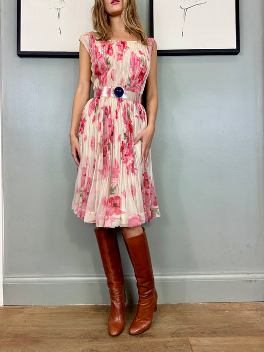 Oura, 40s chiffon pleated floral dress