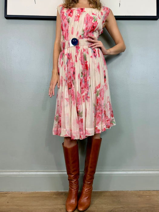 Oura, 40s chiffon pleated floral dress