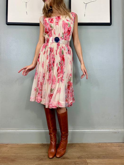 Oura, 40s chiffon pleated floral dress