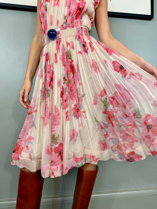 Oura, 40s chiffon pleated floral dress