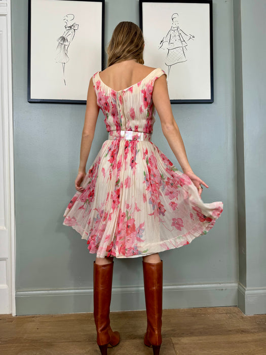 Oura, 40s chiffon pleated floral dress