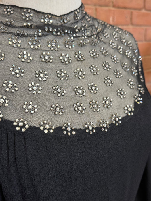 Beluga, reworked 30s black crepe and rhinestone jumpsuit with balloon sleeves