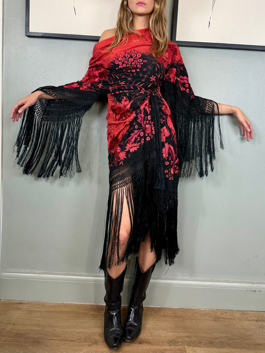 Sienna, 30s embroidered floral fringed draped dress